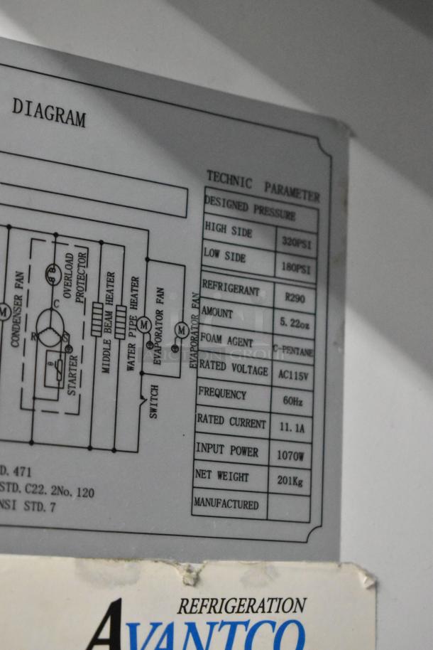 Avantco 178A49FHC freezer label showing technical diagram and specifications, including refrigerant R290 and 115V voltage.