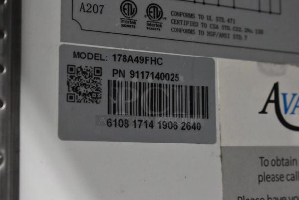 Barcode and label detailing Avantco Model 178A49FHC stainless steel commercial 2-door reach-in freezer specifications.