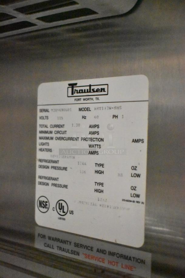 Traulsen RHT132W-HHS stainless steel cooler label, 115V, showing model, serial, and electrical specifications.