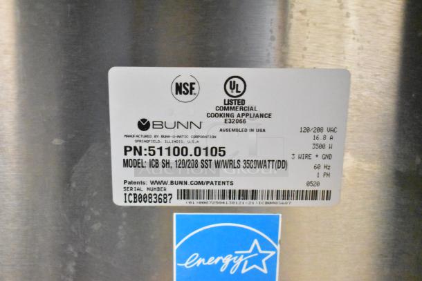 2020 Bunn ICB SH Stainless Steel Commercial Coffee Machine tag. NSF, UL certified; 120/208 Volts, 3500 Watts.