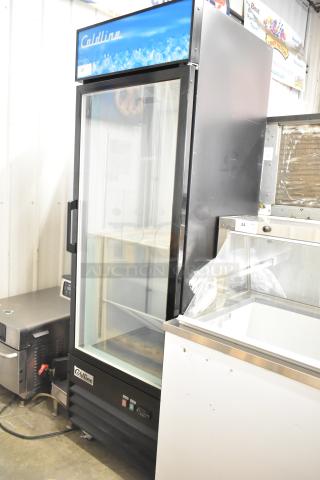 2022 Coldline D12-B reach-in cooler, metal single door, poly-coated racks, on commercial casters. 115V, 1 phase.