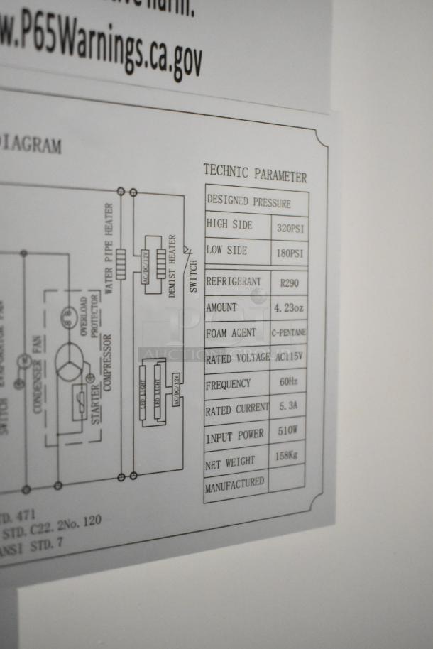 2022 Coldline D12-B commercial cooler label showing design specs: 115V, R290 refrigerant, 320/180 PSI, 510W, 158kg.
