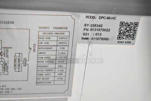 2023 Avantco DPC-66-HC Ice Cream Dipping Cabinet label detail, showing technical specs, voltage, refrigerant type, and serial number.