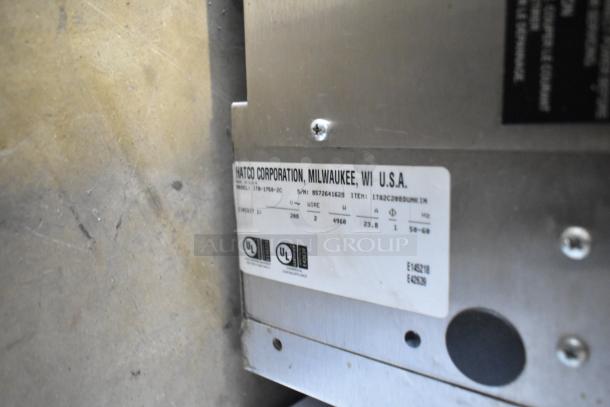 Hatco ITQ-1750-2C stainless steel toaster label, shows UL certification, 208V, 1 phase, made in USA.