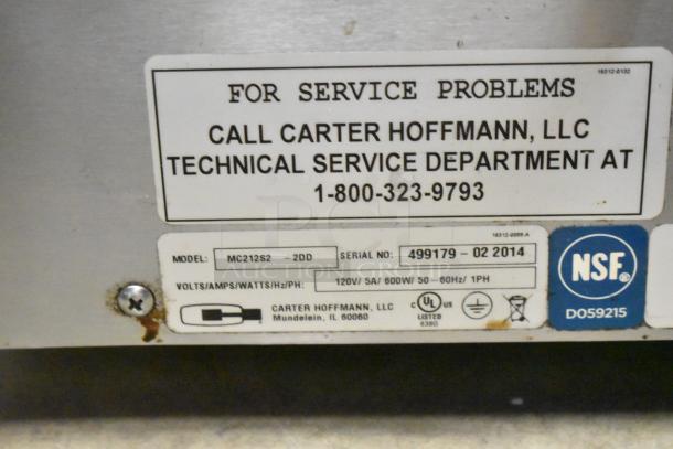 Carter Hoffmann MC212S2-2DD stainless steel heated cabinet with service label, NSF certified, 120V, 1 phase.