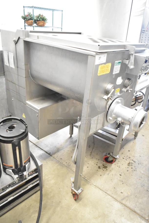 Biro EMG-32 stainless steel meat mixer grinder on casters, 208V, 3-phase, in good condition with visible safety labels.