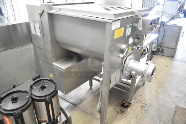 Biro EMG-32 stainless steel commercial meat mixer grinder, floor model on casters, 208V, 3 phase, visible safety labels.