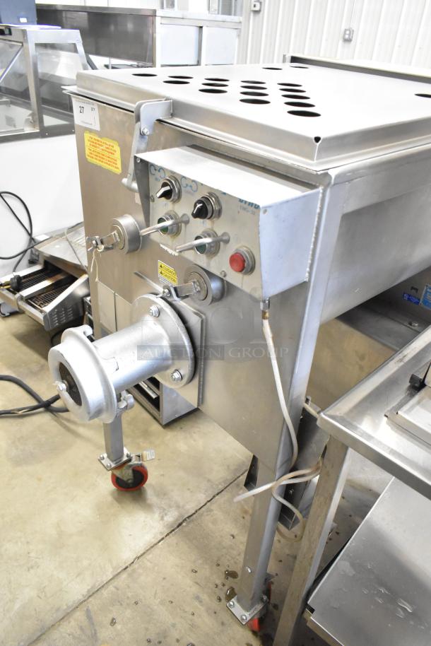 Biro EMG-32 stainless steel meat mixer grinder, commercial floor style, on casters, 208V, 3 phase, good condition.
