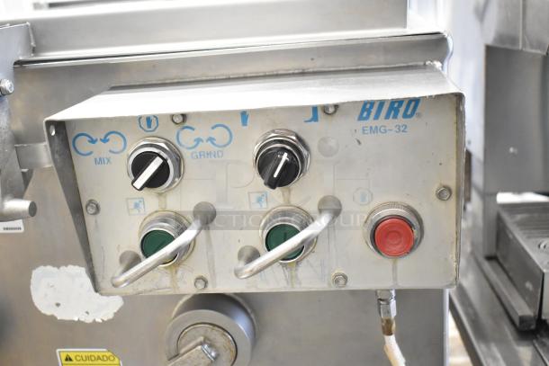 Biro EMG-32 meat mixer grinder control panel, stainless steel, commercial casters, 208V, 3-phase, visible buttons and dials.