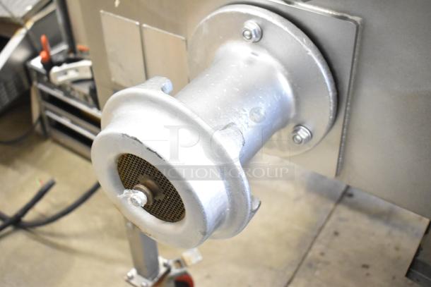 Biro EMG-32 stainless steel meat mixer grinder, floor style with commercial casters. Model EMG-32, 208V, 3 phase.