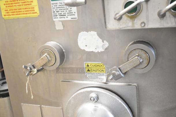 Biro EMG-32 stainless steel commercial meat mixer grinder; features visible warning labels; 208V, 3 Phase; on commercial casters.