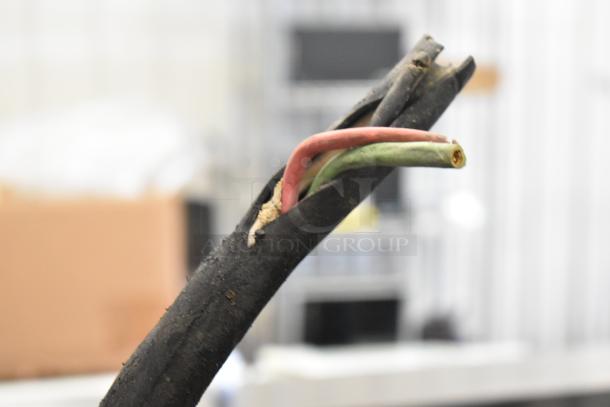 Damaged power cable of Biro EMG-32 meat grinder, showing exposed wires. Important repair needed for functionality.