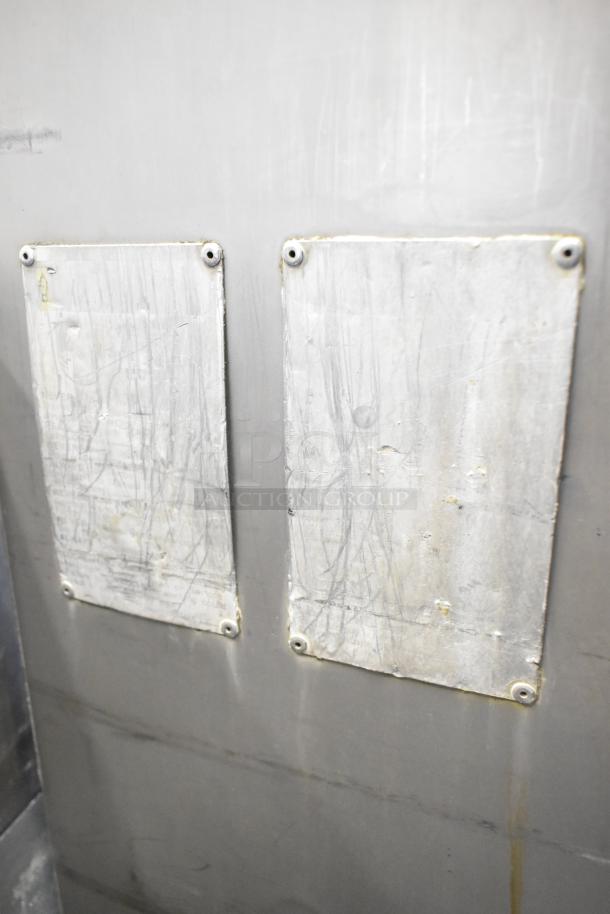 Biro EMG-32 stainless steel meat mixer grinder, commercial casters. 208V, 3-phase. Visible wear marks on surface plates.