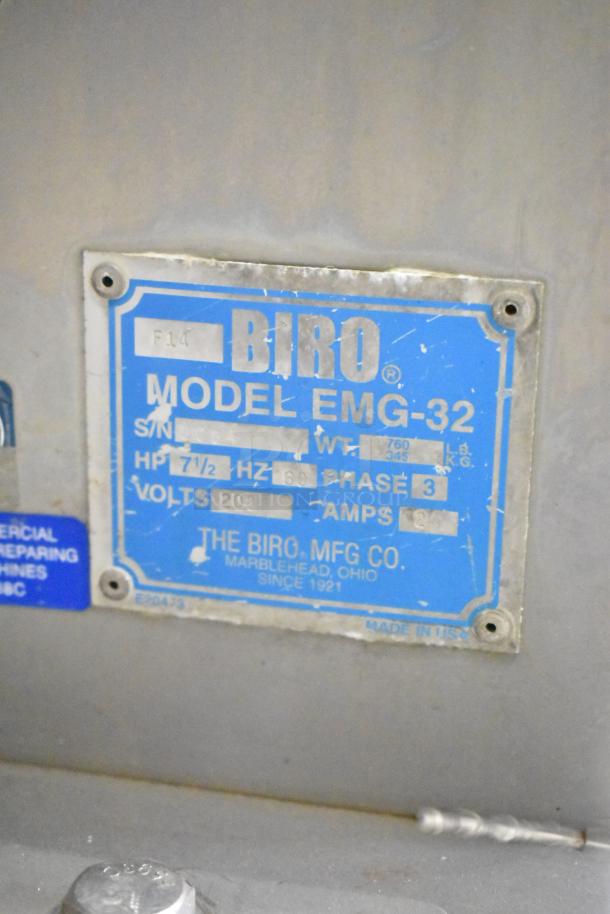 Biro EMG-32 stainless steel meat mixer grinder label showing model, 208V, 3 phase, serial number, and power details.