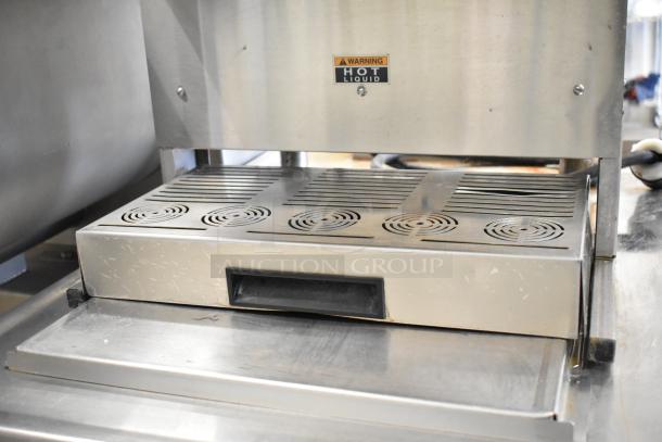 Bunn IMIX-5 stainless steel cappuccino machine on stand, 120/208-240V, 1 phase, with "Hot Liquid" warning label.