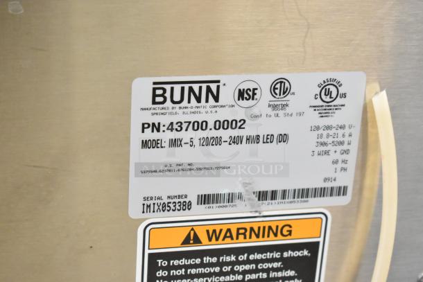 Bunn IMIX-5 Cappuccino Machine label showing model, voltage, and safety warnings. Serial No. IMIX053380.