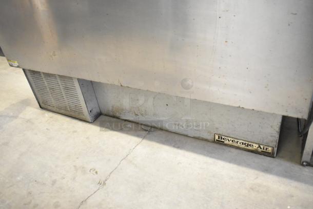 Beverage Air GF48L stainless steel back bar bottle cooler with 2 sliding lids, 115 volts, 1 phase. Visible wear on surface.