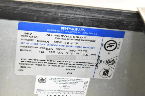 Beverage Air GF48L label, detailing model, refrigerant R404A, voltage 115, phase 1, design pressure 540 PSIG, and certifications.
