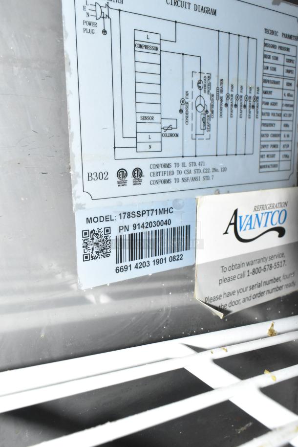 Avantco 178SSPT71MHC stainless steel prep table label, showing model number, circuit diagram, and warranty contact details.