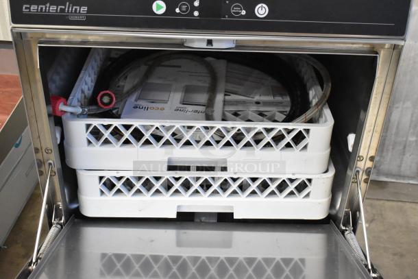 Brand new 2025 Hobart Centerline CUH stainless steel undercounter dishwasher with tags, showing interior racks and hose.