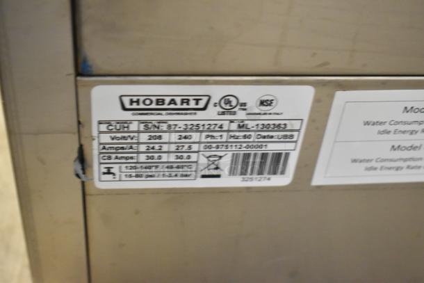 Brand new Hobart Centerline CUH stainless steel undercounter dishwasher. 208/240V, 1 Ph. Serial no. 87-3251274.