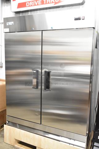 Brand new Avantco 178A49FHC stainless steel commercial freezer, 2 doors, poly coated racks, 115V, 1 phase, minor dents.