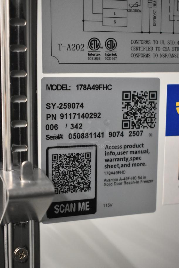 BRAND NEW Avantco 178A49FHC Stainless Steel Commercial 2 Door Reach-In Freezer. Features poly-coated racks. 115V, 1 Phase. Tags show model and serial numbers.