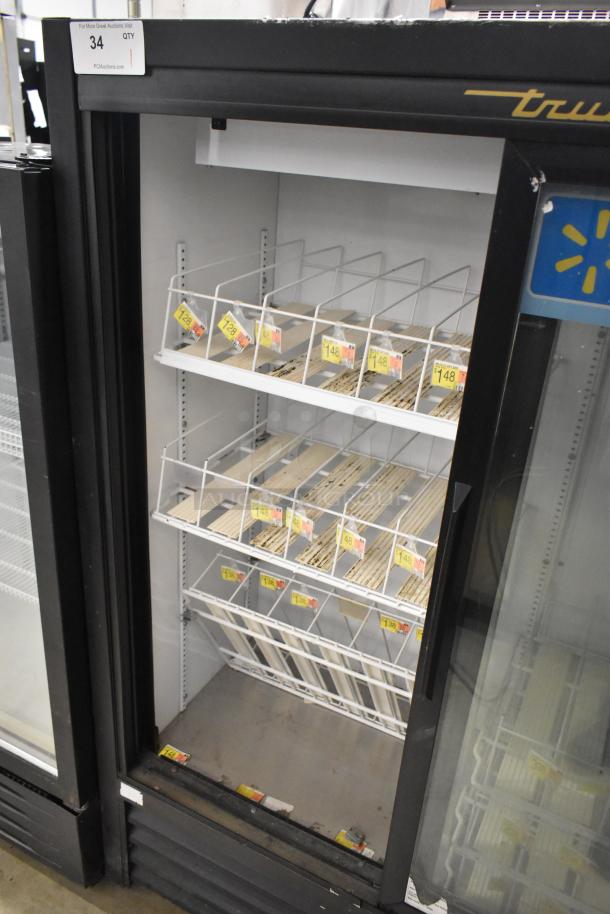 True GDM-41SL-60-LD 2 Door Cooler Merchandiser with poly-coated racks, 115V, 1 Phase. Includes visible signage clips.