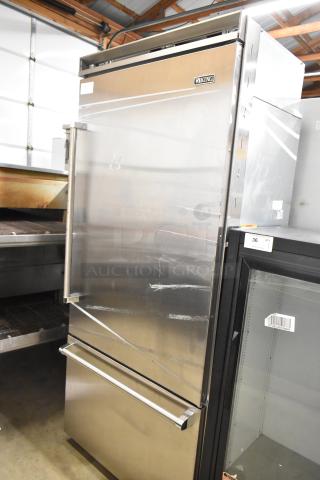 Viking stainless steel commercial reach-in cooler with freezer drawer, 115V, 1 phase, minor scratches, logo visible.