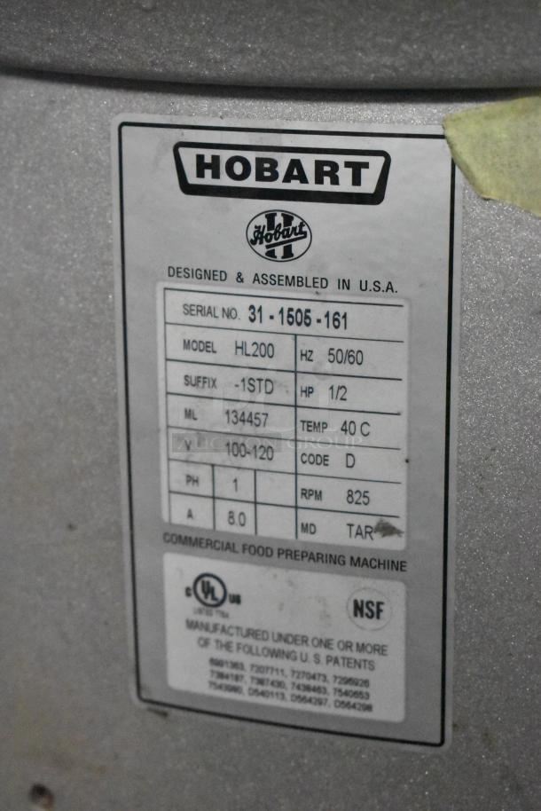 Hobart Legacy HL200 metal commercial 20-quart countertop dough mixer label, model HL200, serial 31-1505-161, 100-120V, 1 phase.