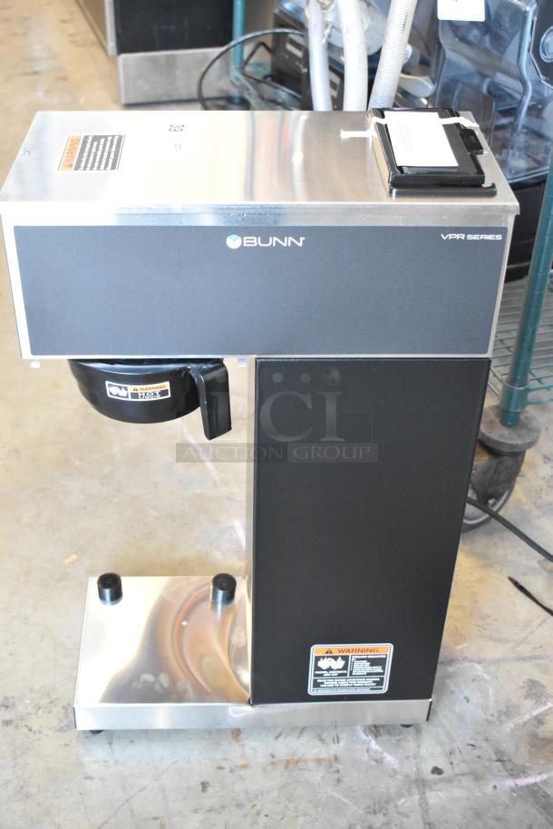 BRAND NEW Bunn 2025 VPR-APS Pourover Airpot Coffee Brewer, 120V, 1 Phase. Minor scratches. Labels show model and warnings.