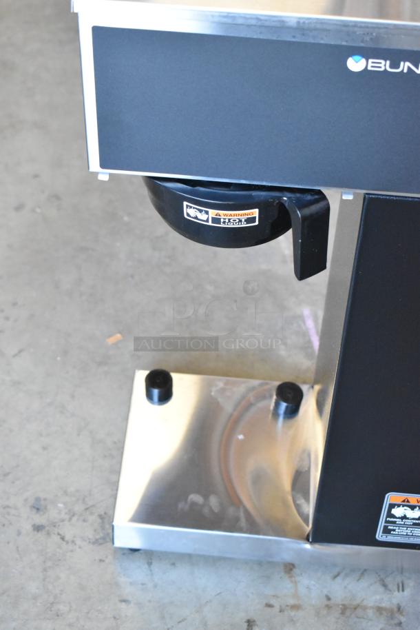 Brand new 2025 Bunn VPR-APS Pourover Airpot Coffee Brewer, scratch and dent, 120V, 1 phase, warning labels visible.