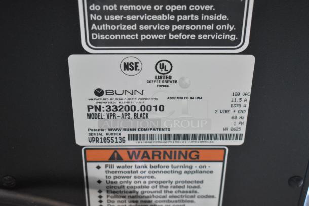 Bunn VPR-APS Airpot Coffee Brewer label showing model 33200.0010, 120V, 1 Phase; NSF, UL listed; assembled in USA.