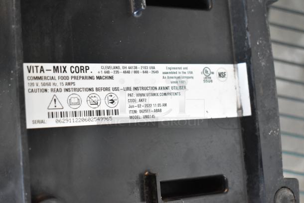 2022 Vita-Mix VM0145 metal blender base, "The Quiet One," 120V, 1 Phase, commercial use. Label shows instructions and specs.