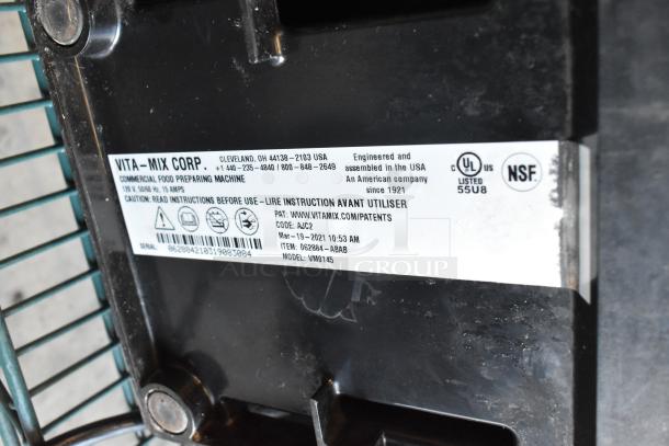 Vita-Mix VM0145 blender label shows model info, voltage, and certifications. Used commercial countertop unit with enclosure.