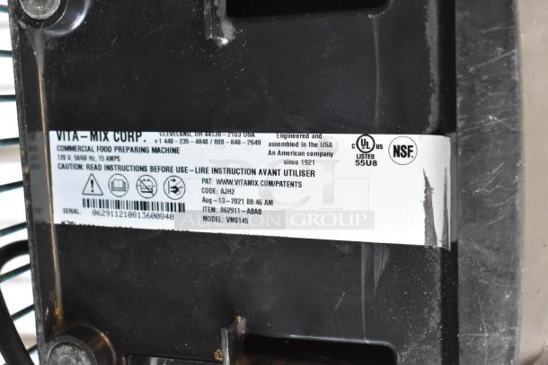 2021 Vita-Mix VM0145 commercial blender base, with sound enclosure, UL and NSF certified, shown with ID label detailing model info.