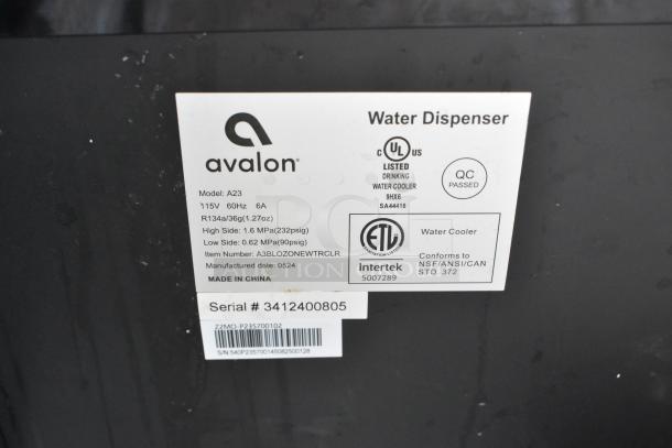 Avalon A23 floor water dispenser label, 115V, QC passed, ETL certified, conforms to NSF/ANSI/CAN standards, made in China.