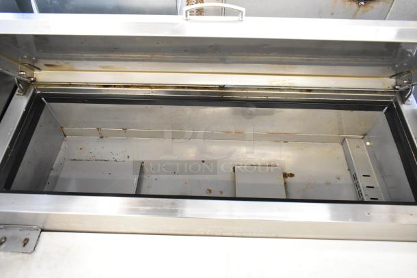 Asber APTP 46 stainless steel commercial pizza prep table, lid open, shows interior condition. 115 volts, 1 phase.