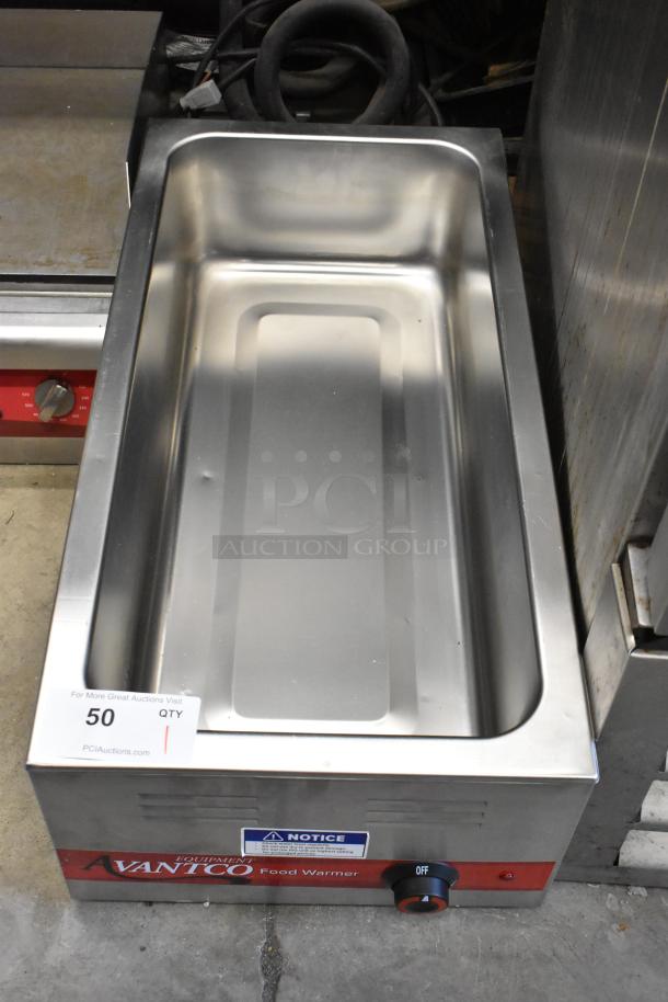 Avantco 177W43 stainless steel commercial food warmer, 120 volts, 1 phase, in good condition, visible control knob and labels.