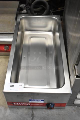 Avantco 177W43 stainless steel commercial food warmer, 120 volts, 1 phase, in good condition, visible control knob and labels.
