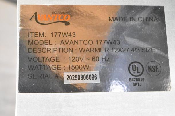 2025 Avantco 177W43 Stainless Steel Food Warmer; 120V, 1 Phase, 1500W. Made in China. UL and NSF certified. Serial #20250806096.