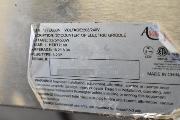 Avantco 177EG30N electric griddle label, 30" stainless steel, commercial, 208/240V, 3375/4500W, 6-20P plug, warnings included.