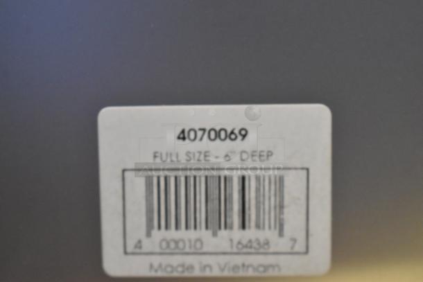 Barcode label on stainless steel bin, model 4070069, full size, 6" deep, made in Vietnam.