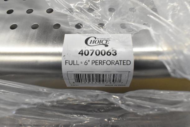 Choice stainless steel perforated drop-in bin, model 4070063, full 6" size, new condition, label visible.