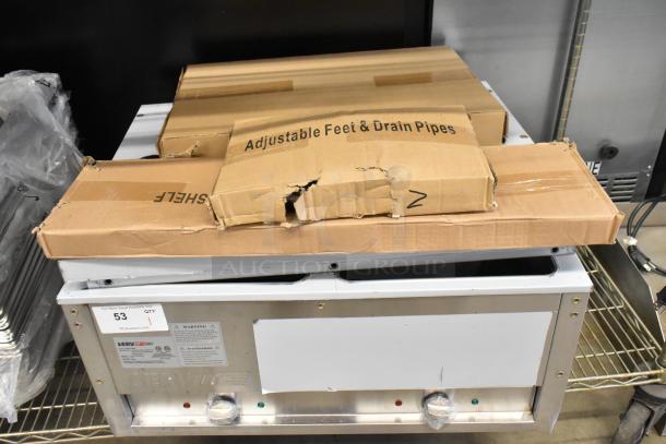 BRAND NEW ServIt 423EST2WSPB stainless steel 2-pan electric steam table, partially enclosed base, 120V. Box shows damage.