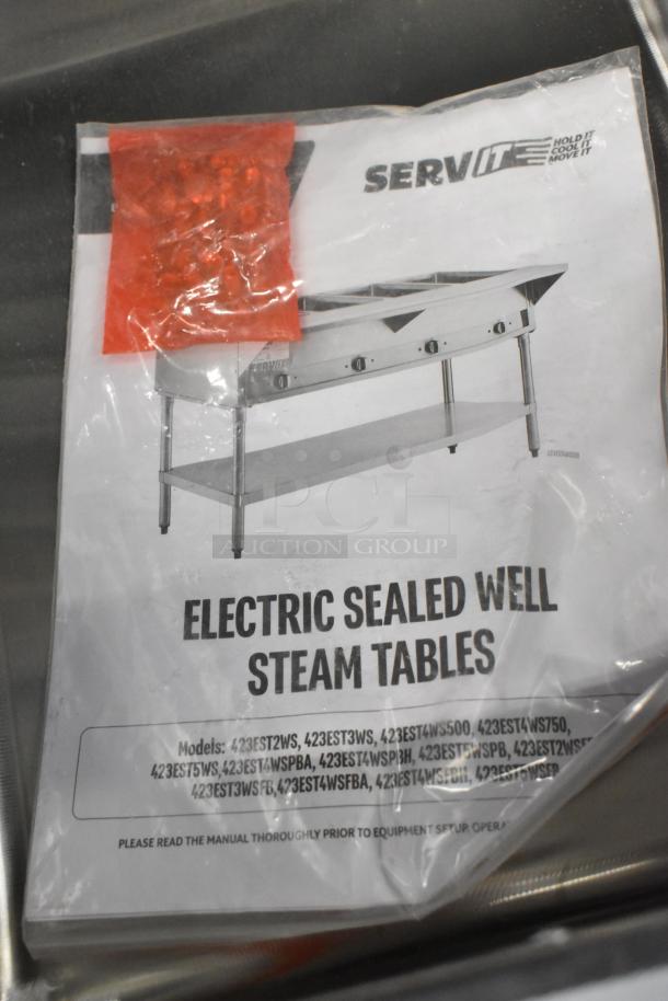 BRAND NEW 2025 ServIt 423EST2WSPB Stainless Steel Electric Steam Table, Two Pan, Sealed Well, 120V, Partially Enclosed Base.