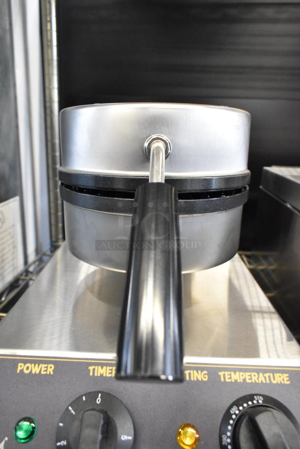 BRAND NEW Carnival King 382WSM11 stainless steel single waffle maker with timer, 120V, scratch and dent condition.