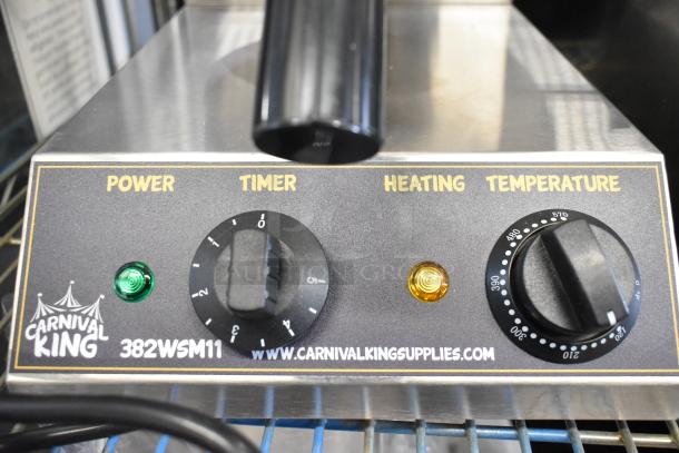BRAND NEW Carnival King 382WSM11 Stainless Steel Waffle Maker with timer, non-stick, 120V, labeled controls visible.