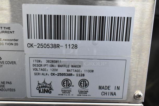 BRAND NEW 2025 Carnival King 382WSM11 Stainless Steel Commercial Waffle Maker with Timer, 120V, 1100W. Made in China.