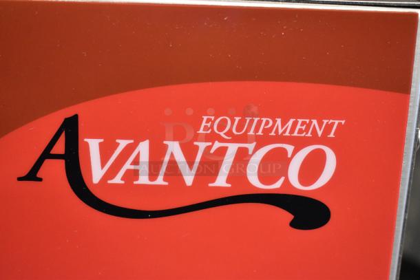 Alt Text: Avantco Equipment label on the 177QS1800SS stainless steel commercial countertop tortilla steamer.